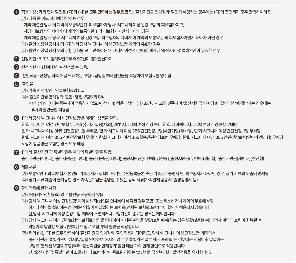 1 적용대상 : 가족 연계 할인은 (가)와 (나)를 모두 만족하는 경우로 함 단, '출산지원금 연계강화' 할인에 해당하는 경우에는 (다)의 조건까지 모두 만족하여야 함. (가) 다음 중 어느 하나에 해당하는 경우 - 계약체결일 당시 이 계약의 보통약관Ⅱ 피보험자가 당사 '시그니처 여성 건강보험'의 피보험자이고, 해당 피보험자의 자녀가 이 계약의 보통약관Ⅰ의 피보험자이면서 태아인 경우 - 계약체결일 당시 당사 '시그니처 여성 건강보험' 피보험자의 자녀가 이 계약의 보통약관의 피보험자이면서 태아가 아닌 경우 (나) 할인 신청일 당시 위의 (가)에서 당사 '시그니처 여성 건강보험' 계약이 유효한 경우 (다) 할인 신청일 당시 위의 (가), (나)를 모두 만족하는 '시그니처 여성 건강보험' 계약에 '출산지원금' 특별약관이 유효한 경우 2 신청기한 : 최초 보험계약일로부터 90일이 경과한날까지 3 신청기한 내 1회에 한하여 신청할 수 있음. 4 할인적용 : 신청일 이후 처음 도래하는 보험료납입일부터 할인율을 적용하여 보험료를 영수함. 5 할인율 (가) 가족 연계 할인 : 영업보험료의 5% (나) '출산지원금 연계강화' 할인 : 영업보험료의 8% ※단, (가)와 (나)는 중복하여 적용하지 않으며, 상기 '1) 적용대상'의 (다) 조건까지 모두 만족하여 '출산지원금 연계강화' 할인 대상에 해당하는 경우에는 (나)의 할인율만 적용. 6 1)에서 당사 '시그니처 여성 건강보험'은 아래의 상품을 말함. 한화 시그니처 여성 건강보험 무배당((추가가입용)제외), 캐롯 시그니처 여성 건강보험, 한화 다이렉트 시그니처 여성 건강보험 무배당, 한화 시그니처 여성 3N5 간편건강보험 무배당, 한화 시그니처 여성 355 간편건강보험(세만기형) 무배당, 한화 시그니처 여성 355 간편건강보험(연만기 갱신형) 무배당, 한화 시그니처 여성 간편건강보험 무배당, 한화 시그니처 여성 355실속간편건강보험 무배당 ※상기 상품명을 포함한 경우 모두 해당 7 1)에서 '출산지원금' 특별약관은 아래의 특별약관을 말함. 출산지원금(첫번째), 출산지원금(두번째), 출산지원금(세번째), 출산지원금(첫번째)(갱신형), 출산지원금(두번째)(갱신형), 출산지원금(세번째)(갱신형) 8 제출서류 (가) 보통약관Ⅰ의 피보험자 본인의 가족관계가 정확히 표기된 주민등록등본 또는 가족관계증명서 단, 피보험자가 태아인 경우, 상기 서류의 제출이 면제됨. (나) 상기 서류 제출이 불가능한 경우 가족관계임을 증명할 수 있는 공식 서류(가족관계 공증서, 출생증명서 등) 9 할인적용에 관한 사항 (가) 3종(계약전환용)의 경우 할인을 적용하지 않음. (나) 당사 '시그니처 여성 건강보험' 계약을 해지(납입을 연체하여 해지된 경우 포함) 또는 취소하거나 계약의 무효에 해당하거나 청약을 철회하는 경우에는 익월이후 납입하는 보험료(연체된 보험료 포함)부터 할인이 적용되지 않습니다. 단, 당사 '시그니처 여성 건강보험' 계약이 소멸되거나 보험기간이 종료된 경우는 제외합니다. (다) 당사 '시그니처 여성 건강보험'의 보험료 납입을 연체하여 해지된 계약을 부활(효력회복)하는 경우 부활(효력회복)에의해 계약의 효력이 회복된 후 익월이후 납입할 보험료(연체된 보험료 포함)부터 할인을 적용합니다. (라) 위의 (나), (다)를 모두 만족하여 '출산지원금 연계강화' 할인적용이 되더라도, 당사 '시그니처 여성 건강보험' 계약에서 '출산지원금' 특별약관이 해지(납입을 연체하여 해지된 경우 및 특별약관 일부 해지 포함)되는 경우에는 익월이후 납입하는 보험료(연체된 보험료 포함)부터 '출산지원금 연계강화' 할인 대신 가족 연계 할인으로 적용됩니다. 단, '출산지원금' 특별약관이 소멸되거나 보험기간이 종료된 경우는 '출산지원금 연계강화' 할인적용을 유지합니다.