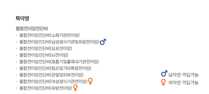 특약명 통합전이암진단비 통합전이암진단비(소화기관전이암) 통합전이암진단비(남성생식기관및유방전이암) 통합전이암진단비(요로전이암) 통합전이암진단비(뇌전이암) 통합전이암진단비(호흡기및흉곽내기관전이암) 통합전이암진단비(림프및기타특정전이암) 통합전이암진단비(관절및피부전이암) 통합전이암진단비(여성생식기관전이암) 통합전이암진단비(유방전이암)