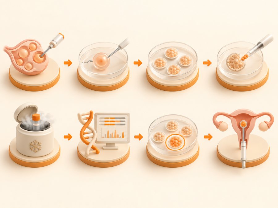 과배란 유도, 체외 수정, 배아 배양, 세포 채취, 냉동 보존, 유전자 분석, 배아 선별, 동결 배아 이식으로 이어지는 시험관 시술 PGT 검사 8단계 과정을 아이소메트릭 3D 플로우차트로 표현