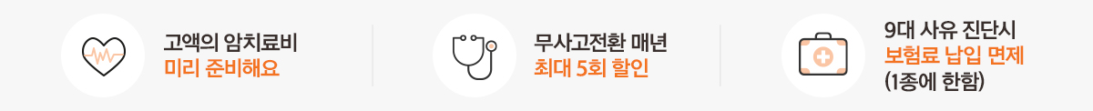 고액의 암치료비 미리 준비해요 / 무사고전환 매년 최대 5회 할인 / 10대 사유 진단시 보험료 납입 면제(2종에 한함)